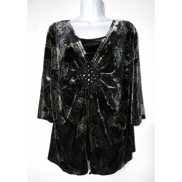 Notations Woman Blouse 1X Velvet Burnout Faux Cardigan Boho Floral Goth Fairy - Picture 1 of 14